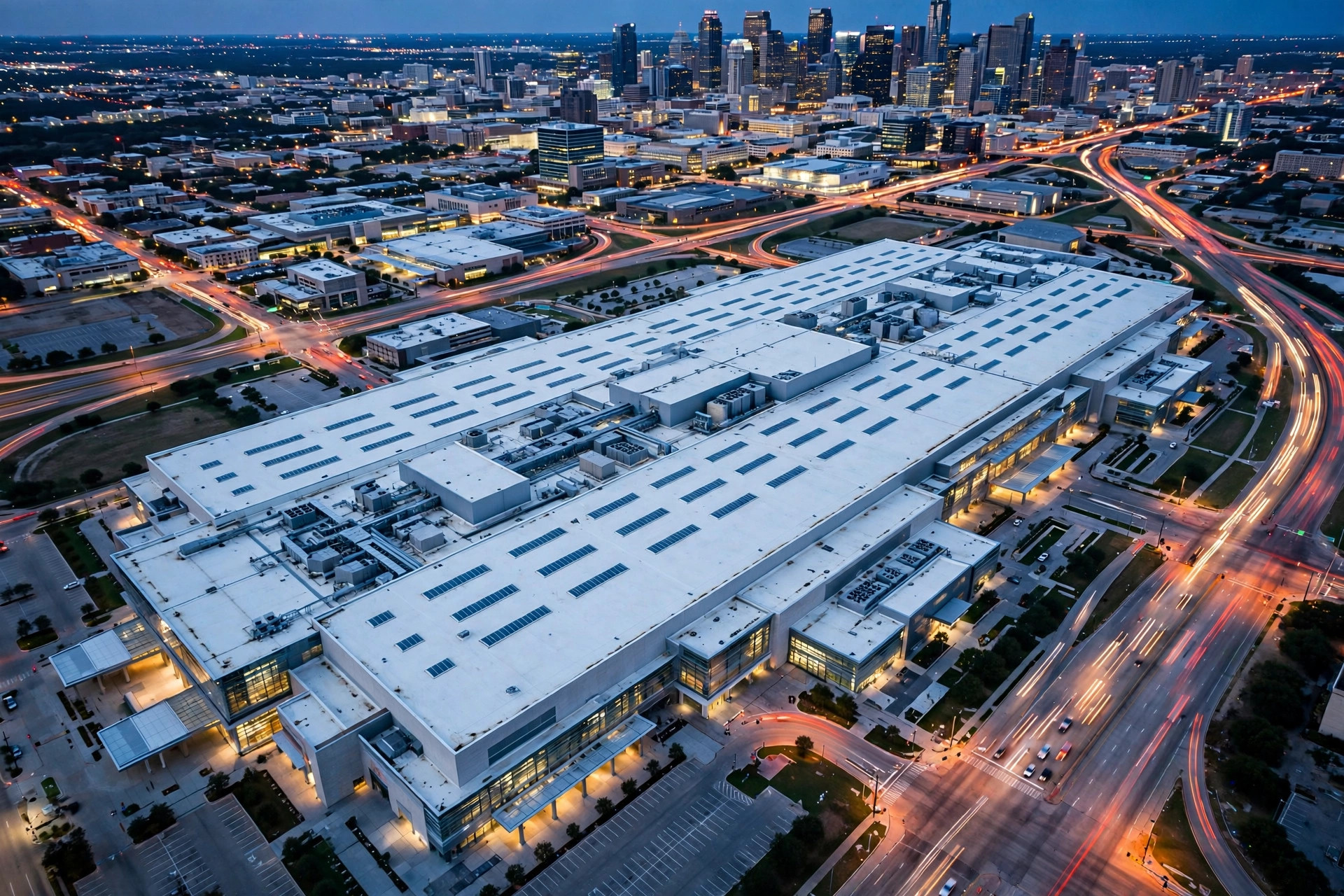 A national-scale civic building at blue hour