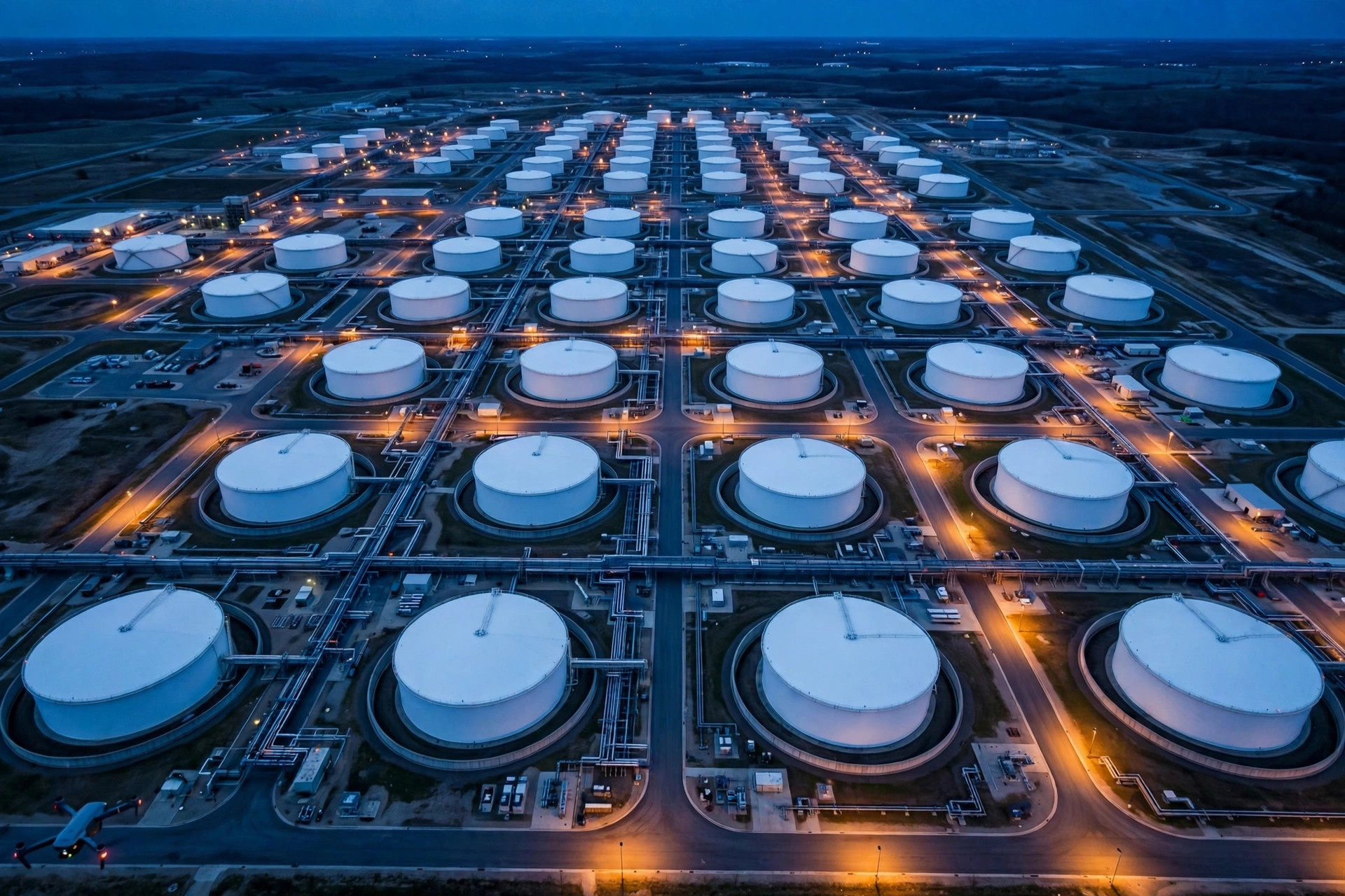 Drone's eye view of a tank farm at dusk