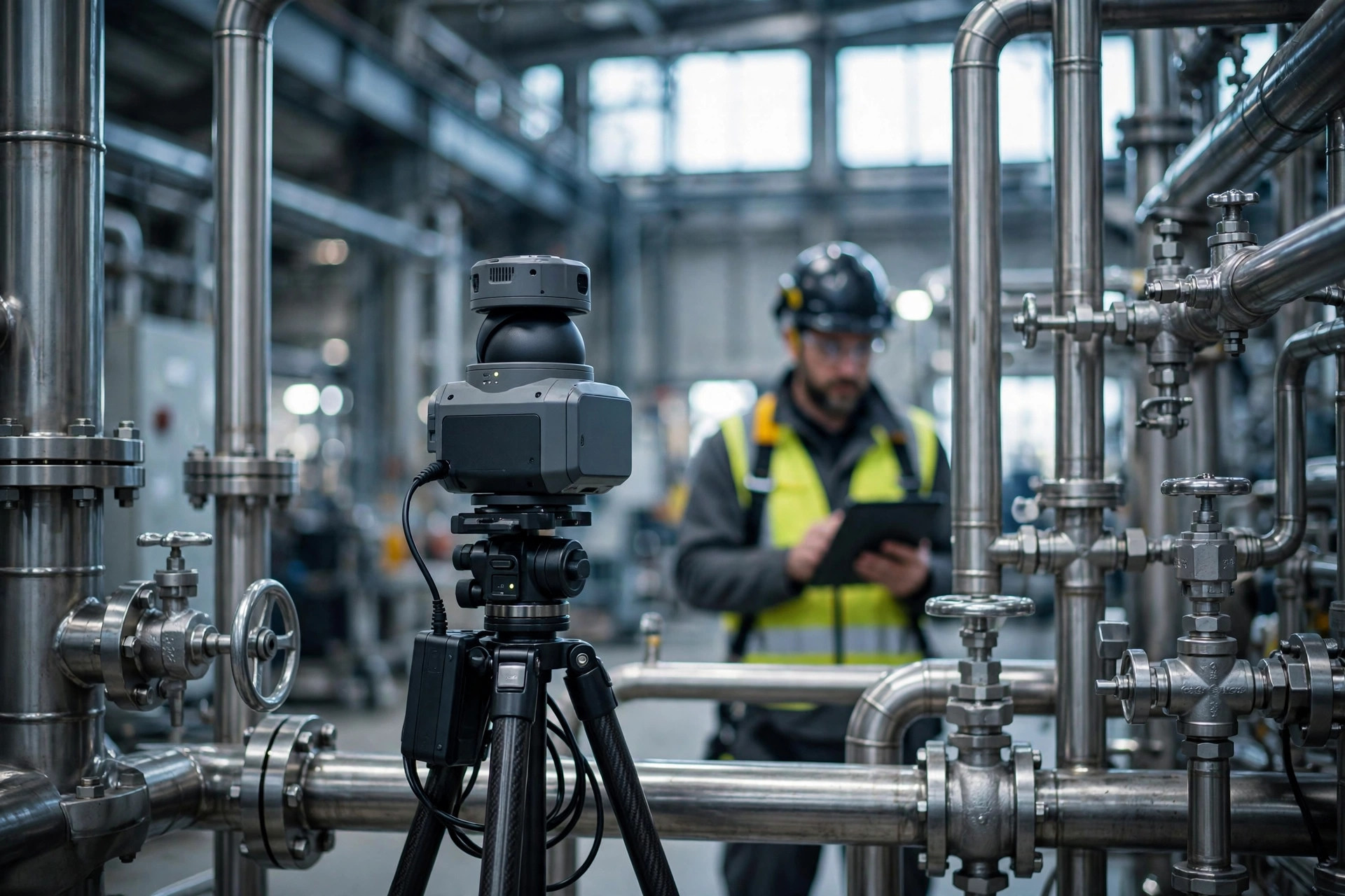 LiDAR scanner on a tripod measuring an industrial plant interior