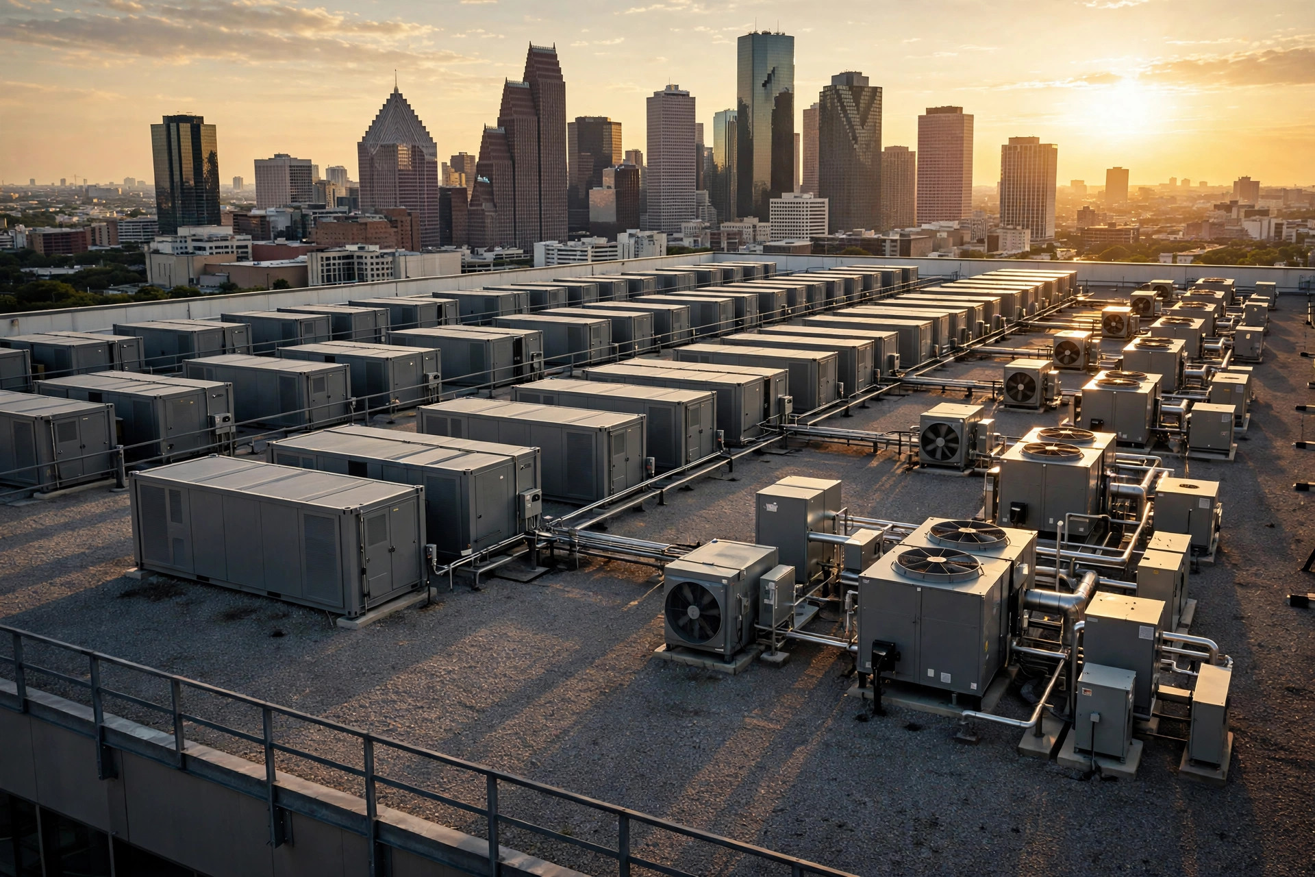 Compute units in rows on a commercial rooftop above Houston at golden hour